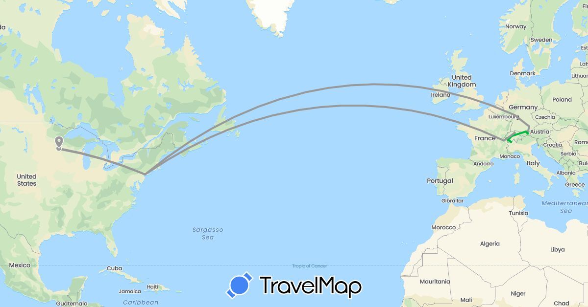 TravelMap itinerary: driving, bus, plane in Austria, Switzerland, Germany, United States (Europe, North America)